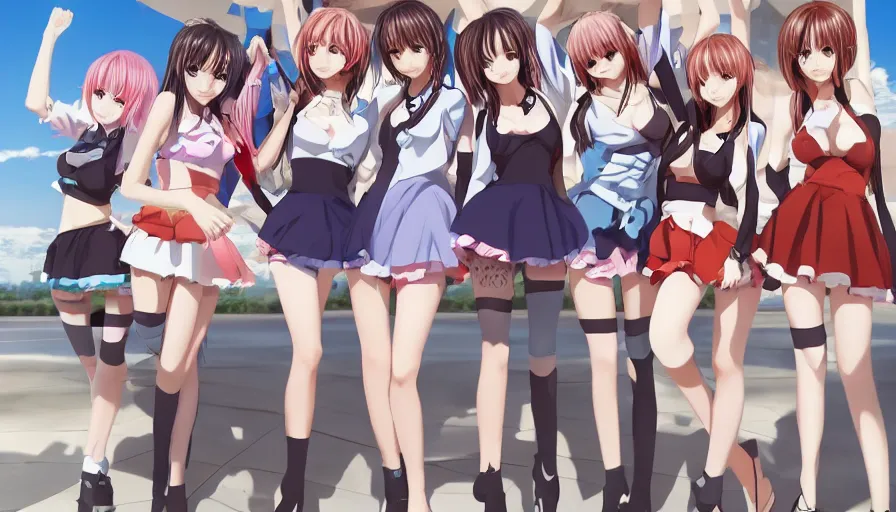 Image similar to group of cute anime characters in very short miniskirts, lightly dressed, ultra detailed digital art, hyper real, detailed, group photo, ultra detailed, ground up angle