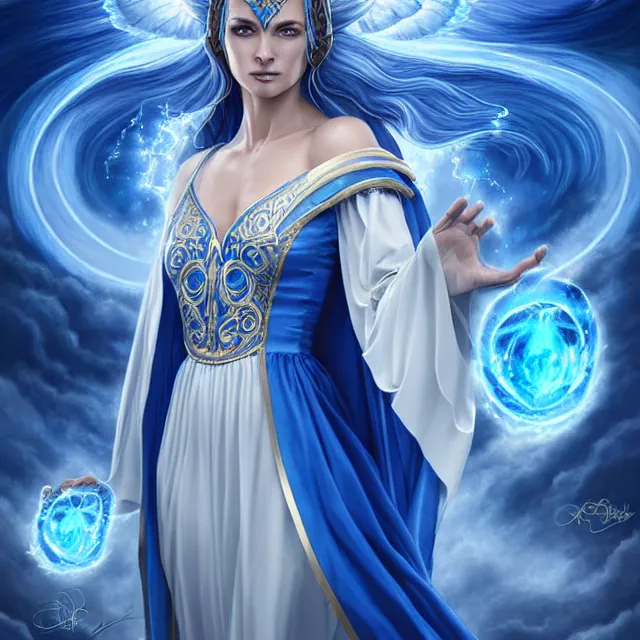 Prompt: beautiful!! elemental sky witch with intricate ornate blue and white robes and water powers artgerm anne stokes highly detailed 8 k hdr smooth sharp focus high resolution award - winning photo photorealistic