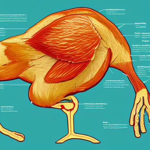 Prompt: infographic draw cut in half of a chicken explaining function and organs position, higly detailed, 8 k, photorealistic, art concept, artstation, sharp focus