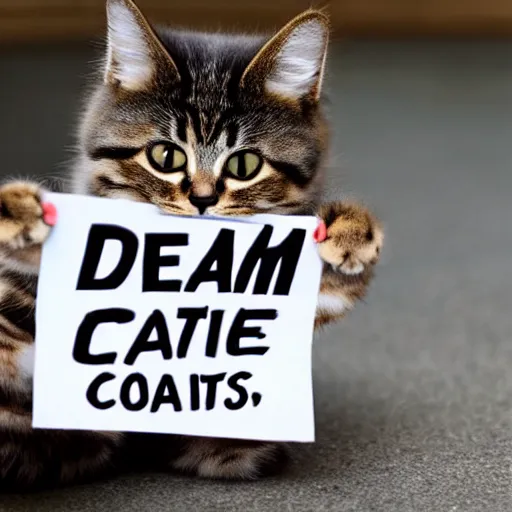 Prompt: realistic high quality photo of a cute cat holding a sign with text that reads : dream cats, cats, cat - s 1 0 2 7 4 8 8 0 7 2