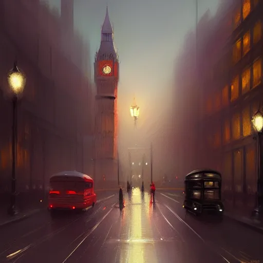 Image similar to london at night, fantasy, intricate, elegant, digital painting, trending on artstation, concept art, soft focus, illustration by greg rutkowski, edward hopper, 4 k.