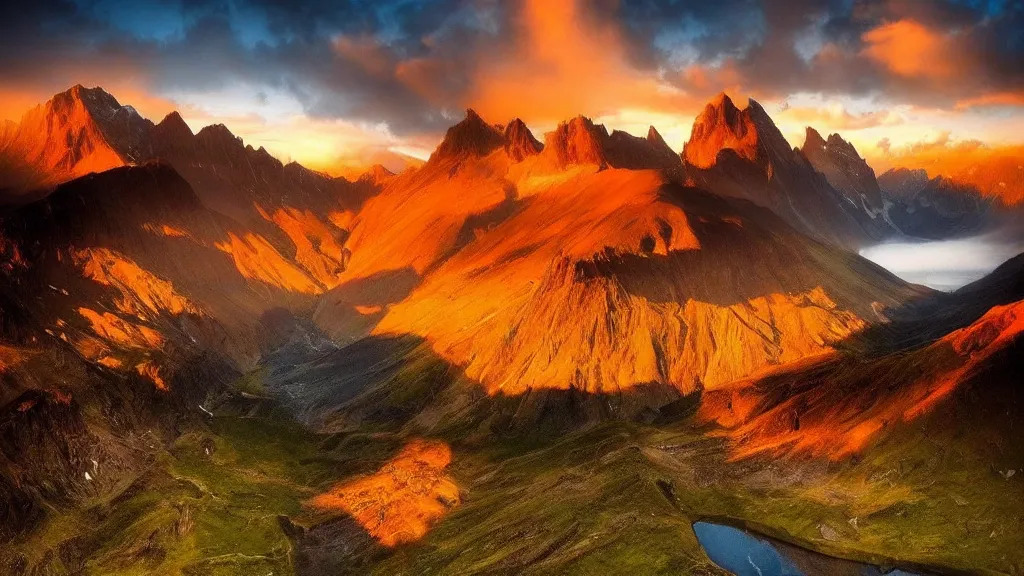 Image similar to amazing landscape photo of mountains with lake in sunset by marc adamus, beautiful dramatic lighting