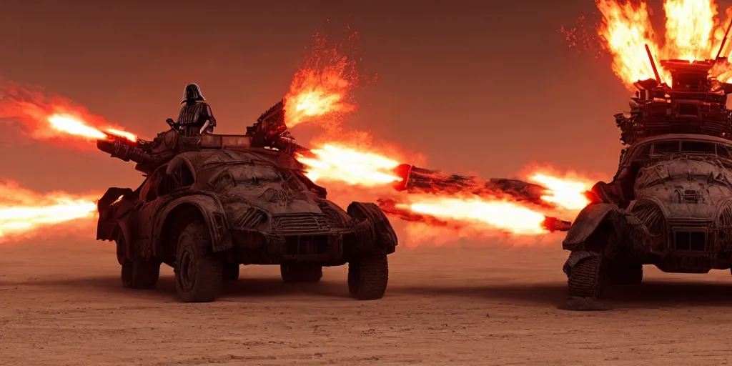 Prompt: Darth Vader standing on a driving armored post apocalyptic battle car in the desert and firing a flamethrower, Mad Max Fury Road, film, sandstorm, fire, realistic, center frame, symmetrical, spikes, flags, dust