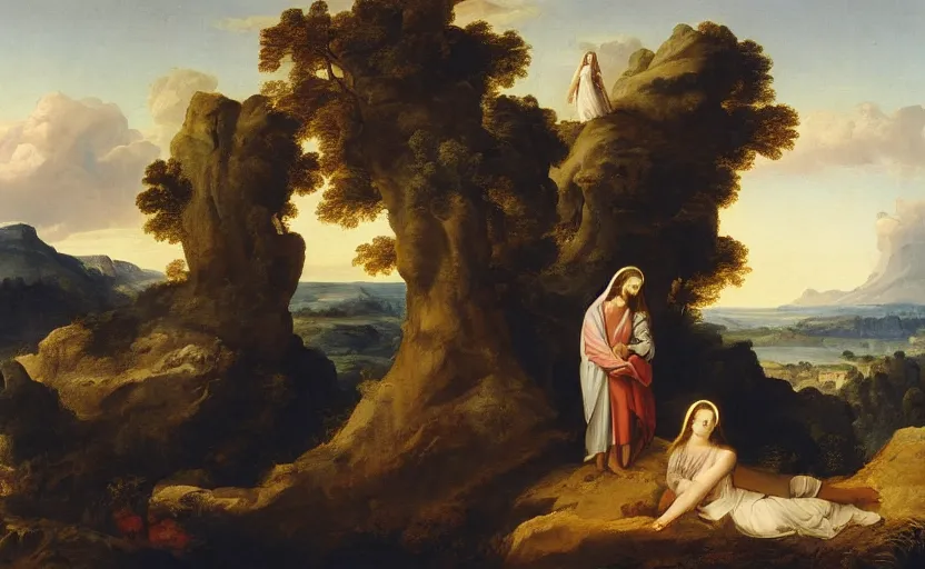 Image similar to jesus and mary magdalene standing on a cliff looking over a beautiful landscape, paradise, arcadia