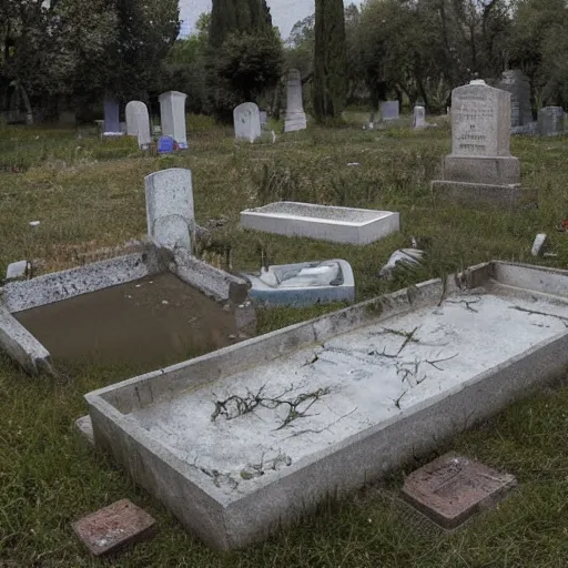 Image similar to The installation art shows a grave that has been flooded with water. The grave is located in a cemetery in Italy. The water in the grave is dirty and there is trash floating in it. The grave is surrounded by a fence. by Nikolai Ge, by Joe Quesada rigorous