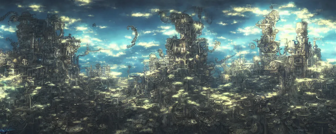 Image similar to steampunk anime landscape, beautiful, artstation trending, deviantart, highly detailed, focus, smooth, by hirohiko araki, yoshitaka amano