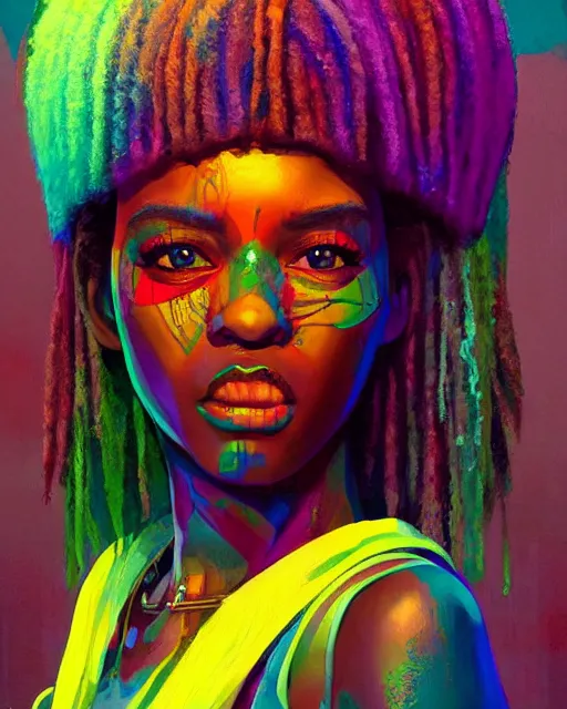 Image similar to colorful character portrait of a black female hippie 1 9 6 0 s vibe, set in the future 2 1 5 0 | highly detailed face | very intricate | symmetrical | cinematic lighting | award - winning | painted by mandy jurgens | pan futurism, dystopian, bold colors, cyberpunk, groovy vibe, anime aesthestic | featured on artstation