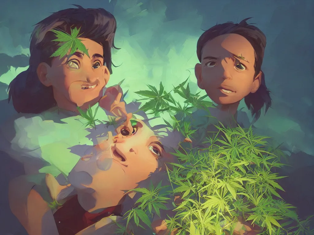 Image similar to kid with green purple flowers of marijuana hemp cannabis, behance hd by jesper ejsing, by rhads, makoto shinkai and lois van baarle, ilya kuvshinov, rossdraws global illumination, golden ratio, symmetrical beauty face