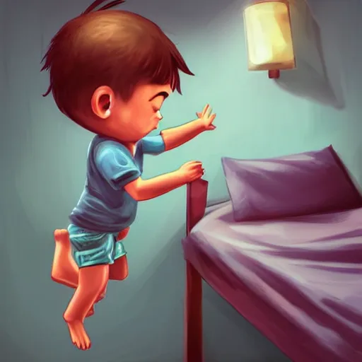 Prompt: little cute boy jumping on his bed by Cyril Rolando