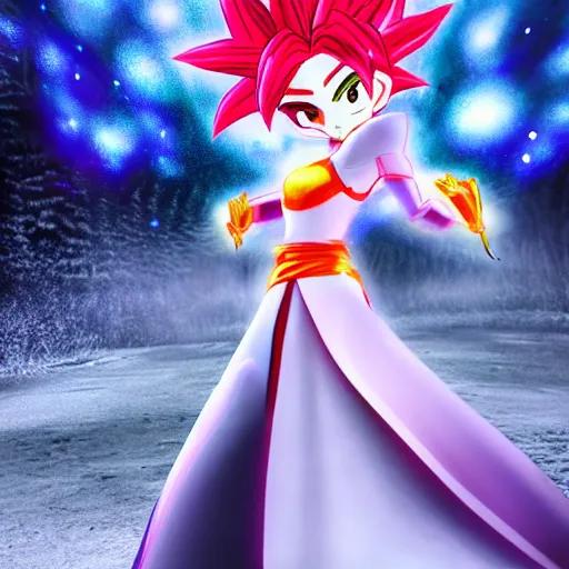 Prompt: portrait focus of Super Saiyan beautiful 3D anime gir!! frozen ice !! blizzard! dark forest background, snowing, bokeh, inspired by Masami Kurumada, digital painting, high contrast, unreal engine render, volumetric lighting, high détail