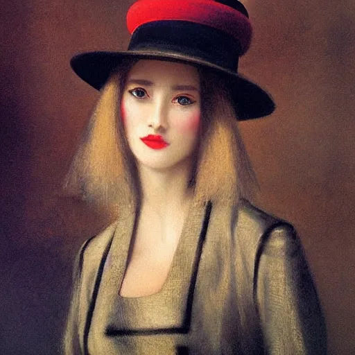 Prompt: portrait of a woman wearing a bowler hat, by howard david johnson.