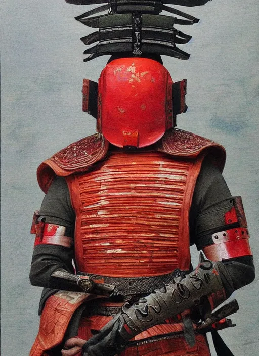 Image similar to a japanese samurai but his armor is greeen, little bit red, damaged and the helmet is almost futuristic, very detailed oil painting, dark and realistic, japanese art art