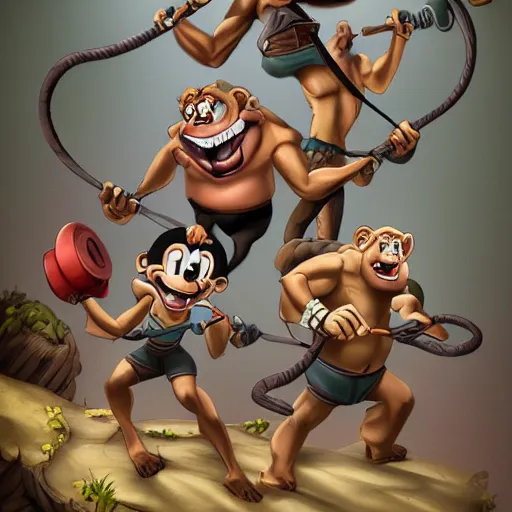 Image similar to crossfit monkeys, animated, fantasy, detailed, hq, disney style