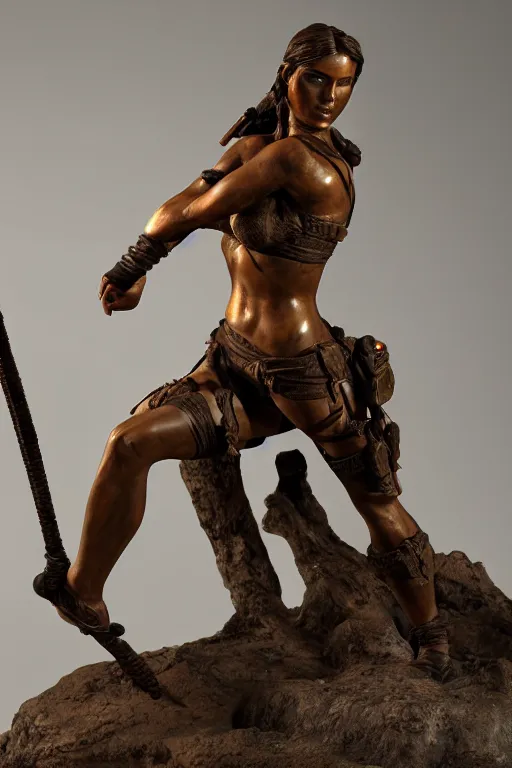 Prompt: detailed photo of lara croft woman warrior old patined bronze statue, full body pose, various seducing poses, photorealism, intricate detail, a few light reflexions, museum diffuse lighting