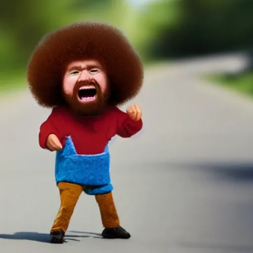 Image similar to a tiny screaming angry bob ross running your in rear view mirror, photograph