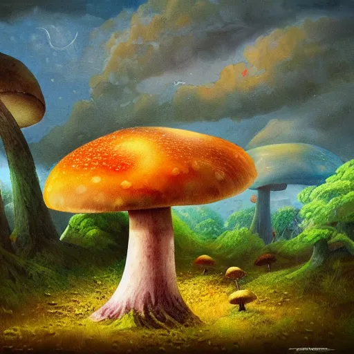 Image similar to a landscape painting with growing mushroom underground, fairy-mushroom ot toabstool different forms and bodies, national geographic photos, trending on artstation
