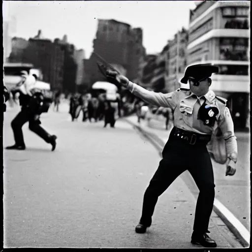 Image similar to a young man throwing a rabbit at a riot cop, leica m 9, voigtlander 3 5 mm, 1 9 6 0 s