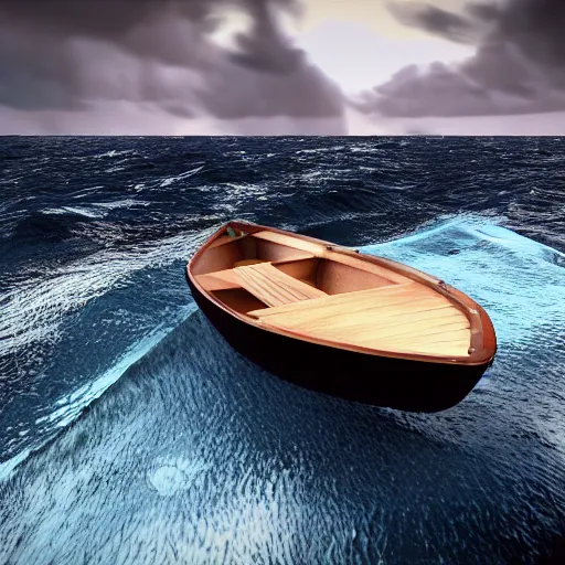 Prompt: a small boat in the middle of a storm at the sea, high detail, 4k, unreal engine