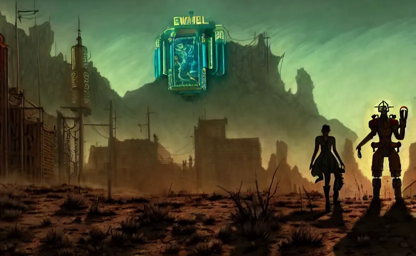 Prompt: fallout new vegas in an cyberpunk studio ghibli animated film, d & d, fantasy concept art, global illumination, beautiful composition, volumetric lighting, art by enki bilial, highly detailed