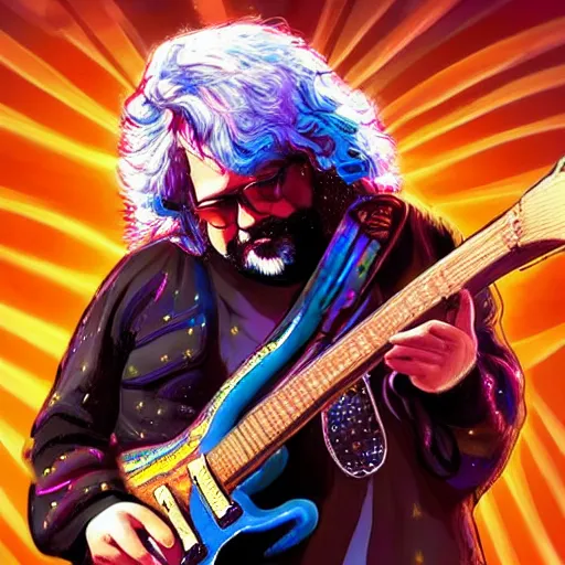 Image similar to a Jerry Garcia guitarist playing so intensely there is electricity shooting out from his guitar, energy beams under his finger tips, and magic sparkles from the freboard, amazing ditial art, trending on artstation, featured on deviantart