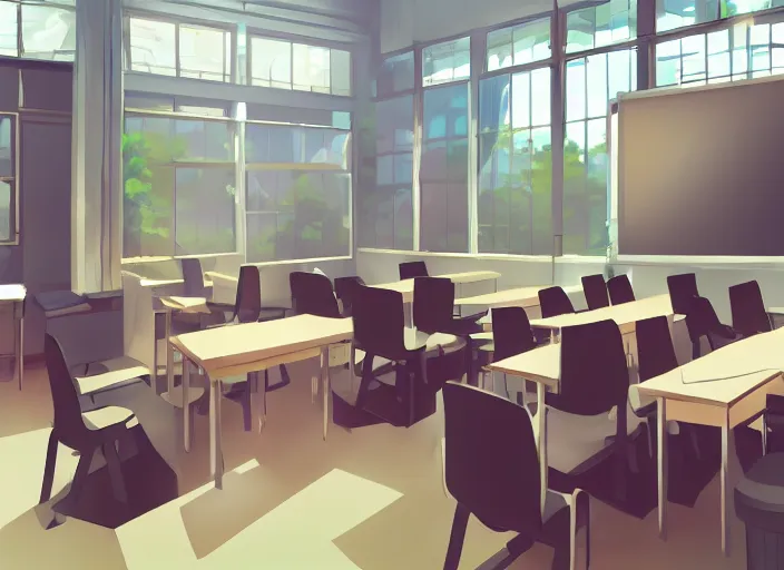 Prompt: Typical anime classroom, empty, digital art, background, soft lighting, detailed, in style of Makoto Shinkai