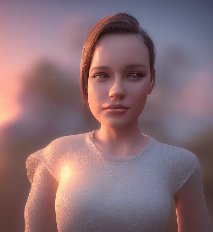 Image similar to centered waist up portrait of an angel, bokeh + DOF + 8k, photorealistic + rendered in unreal engine + ultra realistic + backlit + strong rimlight, sunset + HDRI, HD, Photoreal , by Andon Hristov, trending on artstation