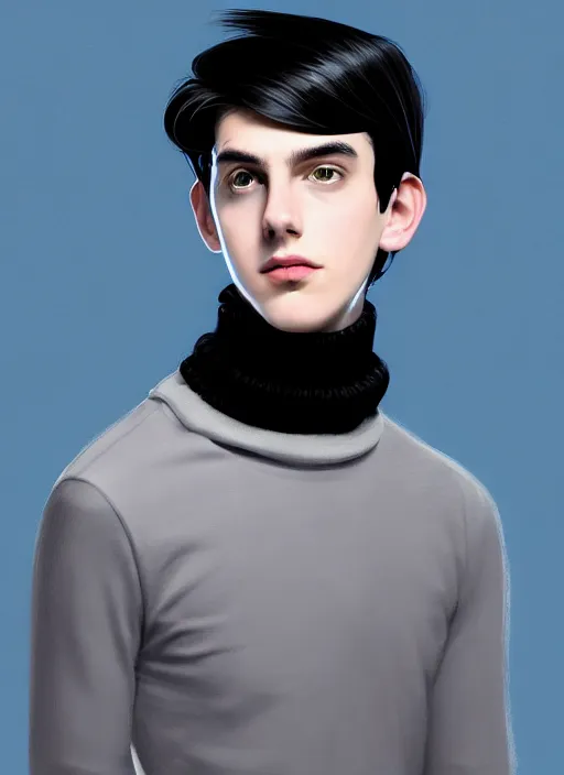 Image similar to portrait of teenage jughead jones wearing a light grey crown, crown, blue turtleneck, closed eyes, photorealistic, black hair, glowing lighting, intricate, elegant, glowing lights, highly detailed, digital painting, artstation, concept art, smooth, sharp focus, illustration, art by wlop, mars ravelo and greg rutkowski