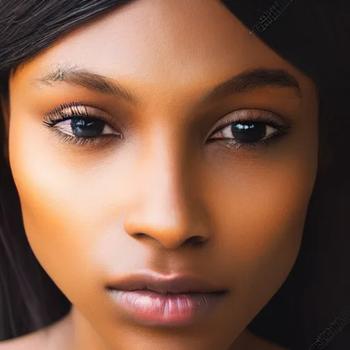 Image similar to beautiful female angel, brown skin, asymmetrical face, ethereal volumetric light, sharp focus