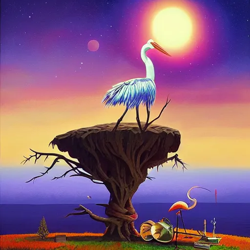 Image similar to an acrylic painting of a giant stork on a fishing pole on a wizard in the woods by a demon tree,, poster art by rhads, behance contest winner, psychedelic art, cosmic background