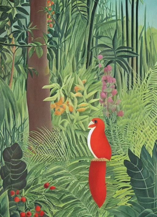 Prompt: rare bird in the jungle, style of henri rousseau