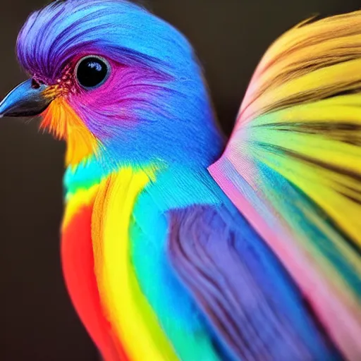 Prompt: little bird, human hair, rainbow colored hair