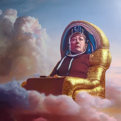 Prompt: Oil Painting of Elon Musk as Cleopatra, sitting on a cloud, ethereal, concept art, hyper realism, sharp focus