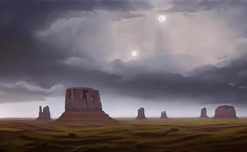 Prompt: hyperrealist painting of an giant cube from independence day ( 1 9 9 6 ) in monument valley stonehenge. 1 9 7 0 s science fiction, moody, misty, depth perception, 4 k, artstation, in the style of studio ghibli