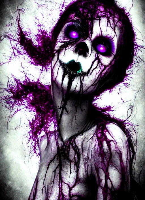 Prompt: gothic soul - spirit with galaxy dead eyes, random decor of necro blast, psycho colors veins, realistic flavor, twisted sorrow fade soft, haunted souls, award winning photoshoot