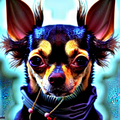 Image similar to a transcendent chihuahua living in an extradimensional reality, in the style of wlop, illustration, epic, fantasy, hyper detailed, smooth, unreal engine, sharp focus, ray tracing, physically based rendering, renderman, beautiful