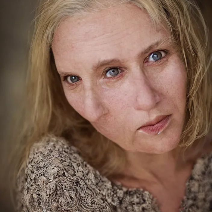 Prompt: portrait photograph of an extremely beautiful!!!! Older female , symmetric face!, symmetric round detailed eyes!!, slight smile, natural light, wearing a intricate dress!! Dusty blonde hair. . Bright brown eyes. in a kitchen. . looking at the camera!!. super resolution. Extremely detailed. Graflex camera!, bokeh!!!!! trending on artstation.