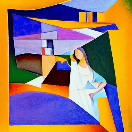 Image similar to woman in glorious robes rose up vast as the skies, old as the mountains and formless as starlight to shelter the precious memories, matter, messages, abstract art in the style of cubism and georgia o keefe