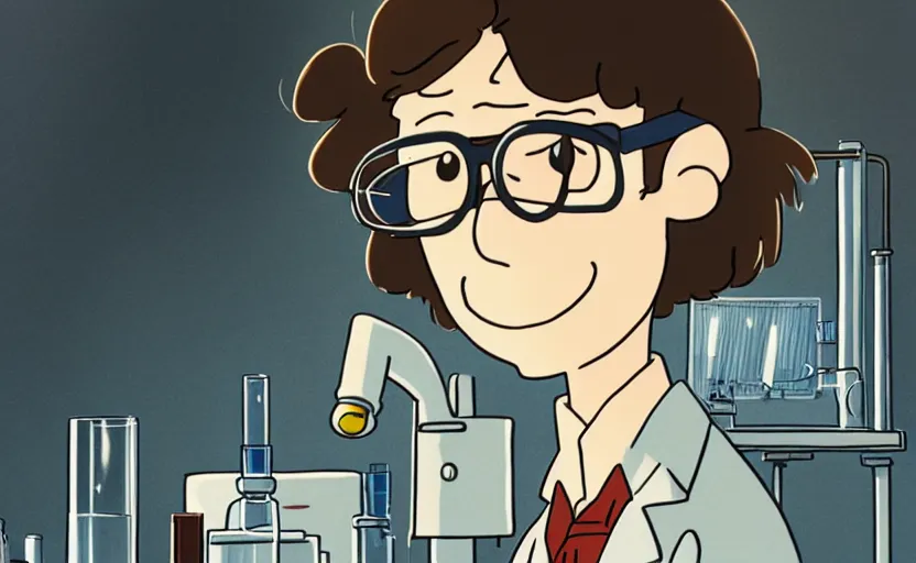 Prompt: a film still portrait of a young nerdy longhaired scientist in his lab, finely detailed features, closeup at the faces, perfect art, grimdark, trending on pixiv fanbox, painted by studio ghibli, charlie brown
