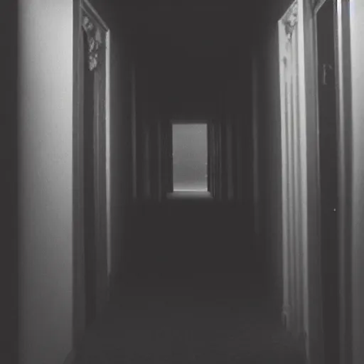 Image similar to photo of a dark hallway with a demonic shadow figure at the end of it