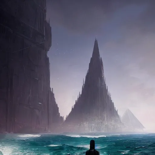 Prompt: star wars concept art by greg rutkowski, a palatial and imposing tall god humanoid back view of pyramid tech tower emerging from the sea in the middle of a ocean landscape, enigmatic atmosphere, beautiful and cinematic lighting, artstation hq.