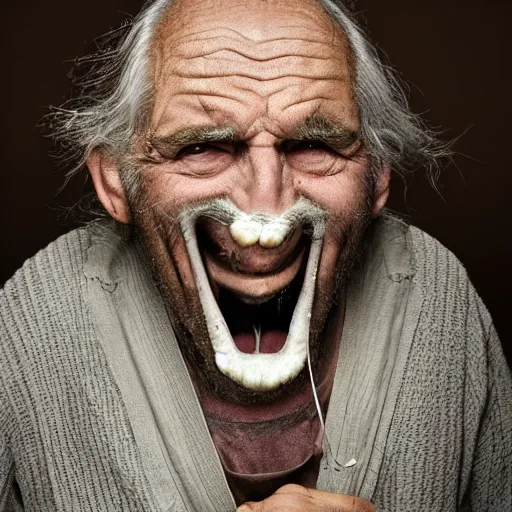 Image similar to National Geographic photo of angry old man with spiders in his mouth