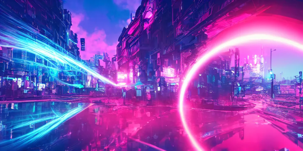 Prompt: a photo of 8k ultra a solarpunk neon pink and blue city with a wormhole in the sky, face enhance, cinematic lighting, trending on artstation, 4k, hyperrealistic, focused, extreme details, cinematic, masterpiece