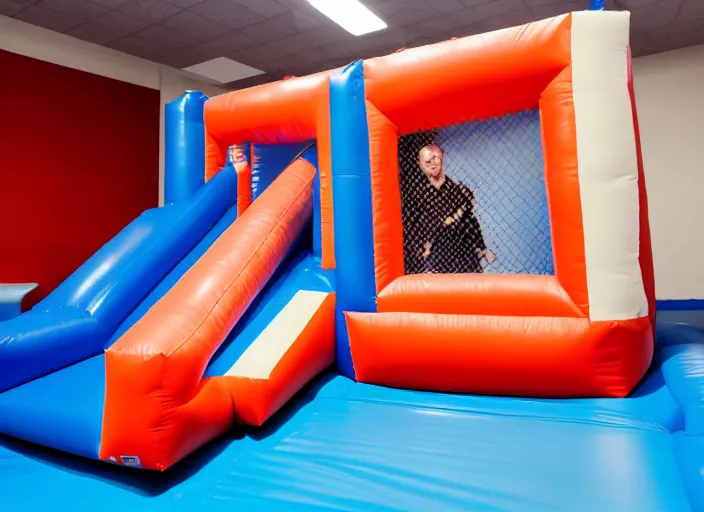 Image similar to photo still of a bounce house in prison!!!!!!!! at age 3 6 years old 3 6 years of age!!!!!!!! inmated jumping in it, 8 k, 8 5 mm f 1. 8, studio lighting, rim light, right side key light