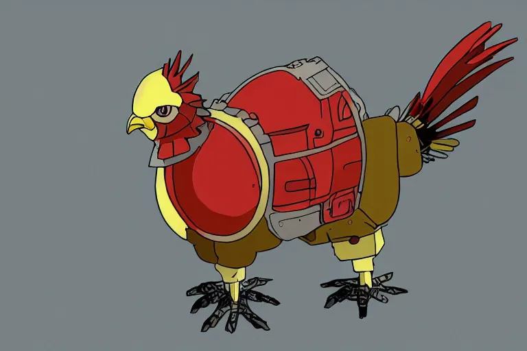 Image similar to heavily armoured mechanical chicken by studio ghibli