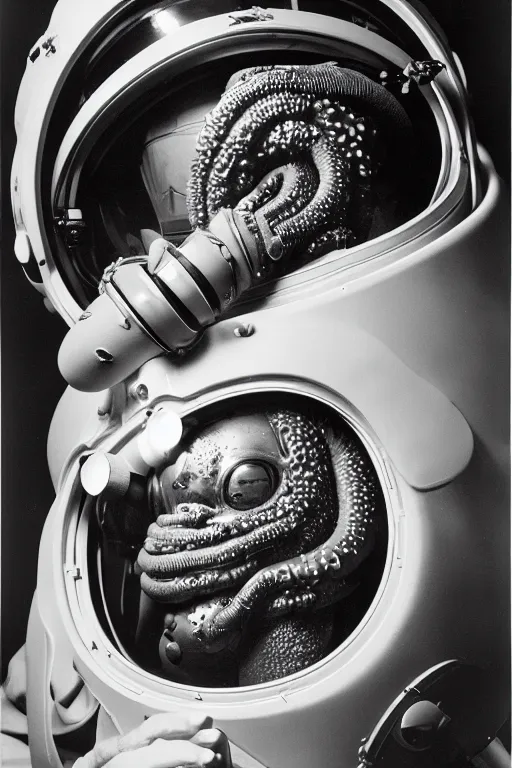 Prompt: extremely detailed studio portrait of space astronaut, alien tentacle protruding from eyes and mouth, slimy tentacle breaking through helmet visor, shattered visor, full body, soft light, plain studio background, disturbing, shocking realization, award winning photo by yousuf karsh