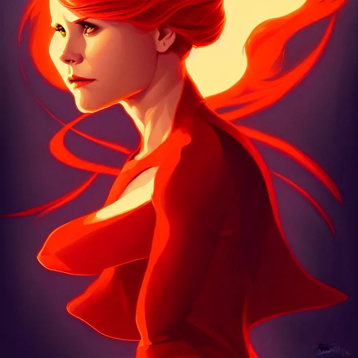 Image similar to style artgerm, joshua middleton, beautiful kristen bell with dark red dress, very long orange hair, symmetrical face, symmetrical eyes, fire powers fire swirling, detailed, volcano setting, cinematic lighting