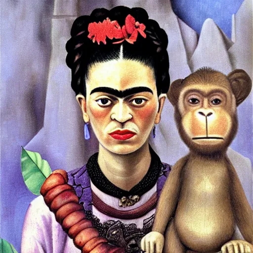 Image similar to highly detailed matte painting of frida kahlo as a young girl with her monkey and flowers by diego rivera