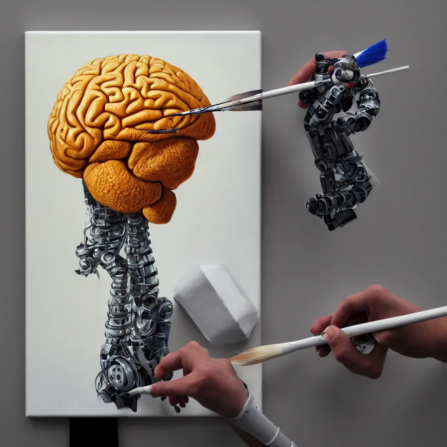 Prompt: photorealistic illustration of a robot making a beautiful painting of a human brain on a canvas in a modern artist studio, robot holding a paint brush, artstation, deviantart, cgsociety