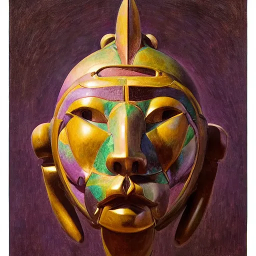 Prompt: masterpiece sculpture of a robot cat head mask, by annie swynnerton and diego rivera and nicholas roerich and jean delville, symbolist, dramatic lighting, god rays, elaborate geometric ornament, art brut, rich colors, smooth, sharp focus, extremely detailed, adolf wolfli and ( donato giancola )