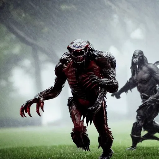 Image similar to a monster from predator is chasing joe biden on the white house lawn during a storm, dramatic